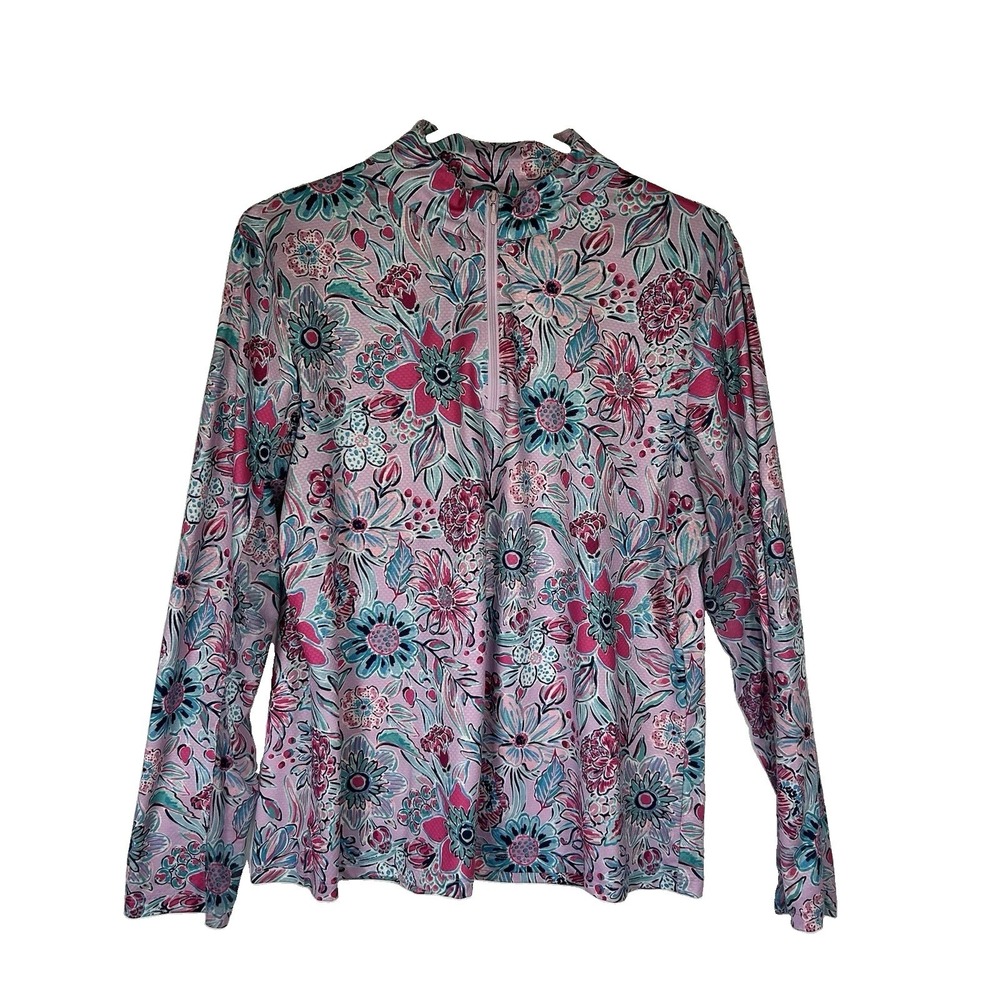X by GOTTEX Women's Long Sleeve Vented Lilac Floral Golf Tennis Mock Top Sz L